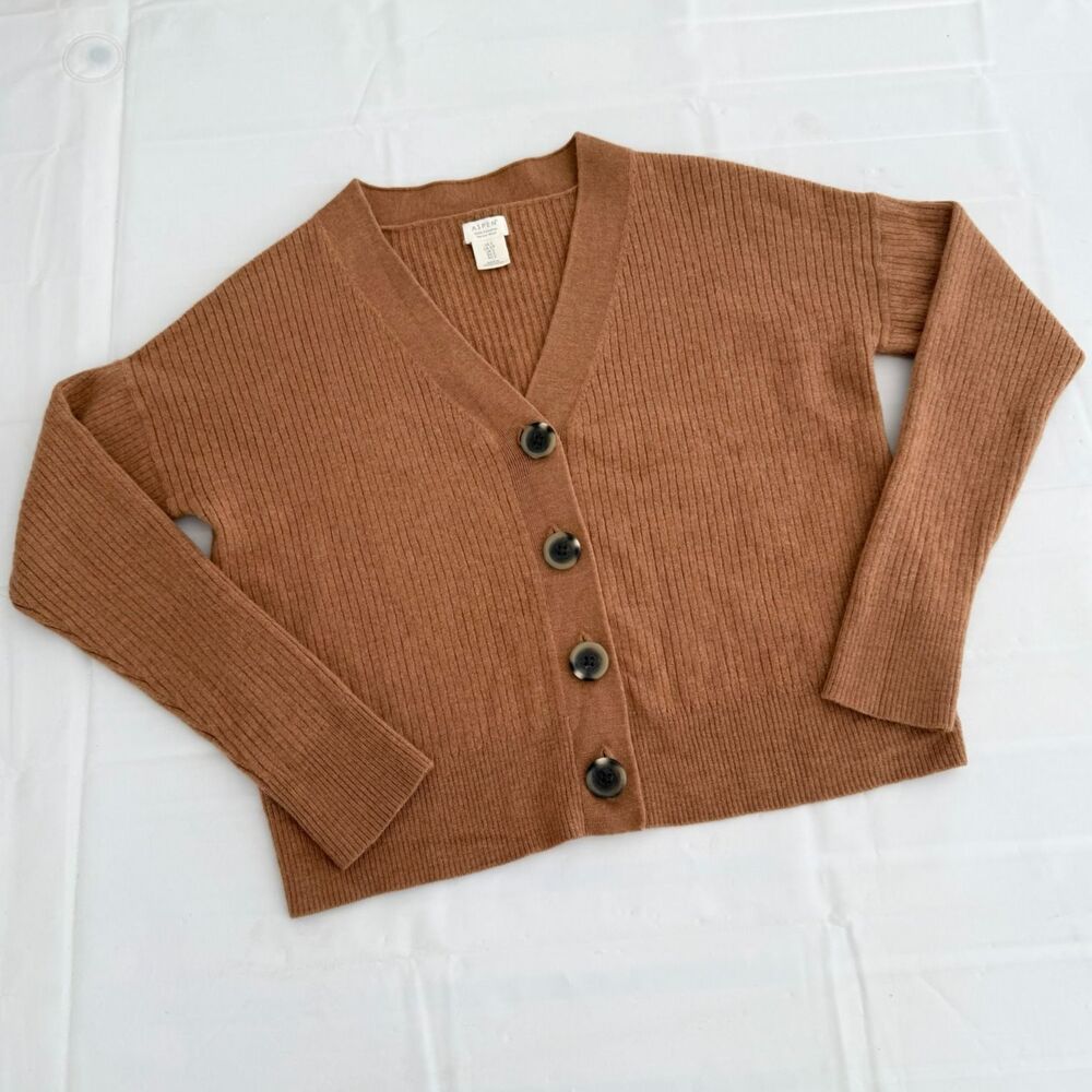 Aspen 100% Merino Wool Women's S Cardigan Sweater Ribbed V-Neck Caramel Ribbed